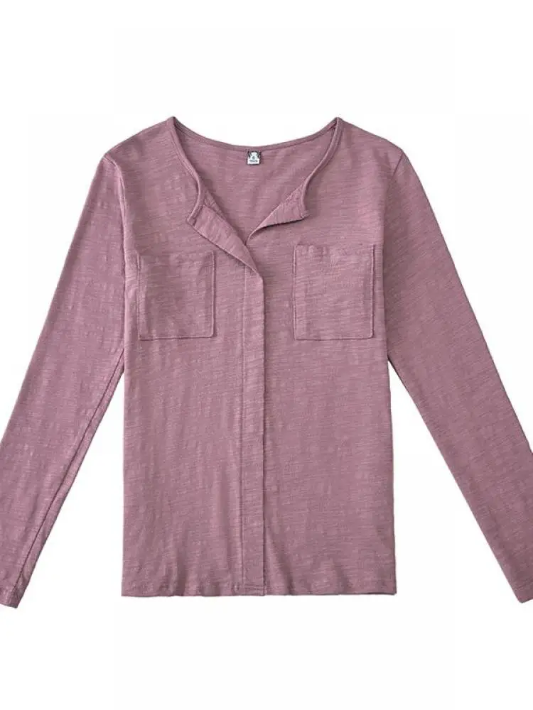 2025 manica lunga autunno inverno donna fiammato cotone magliette femminile verde scollo a V tinta unita T-shirt caffè coreano morbido allentato top 6