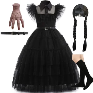 Costume da mercoledì per ragazze, per bambini, Addams, cosplay, abito nero, per bambini, festa in famiglia, Natale, tulle, estate, Halloween, fantasia 1