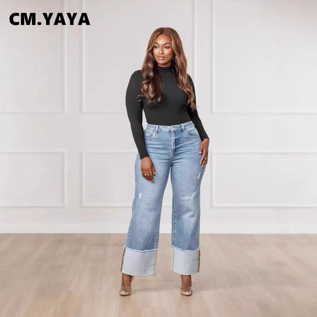 CM.YAYA Pantaloni jeans a gamba larga patchwork in denim lavato dritto da donna streetwear 2025 Pantaloni da festa strappati alla moda primaverile 5