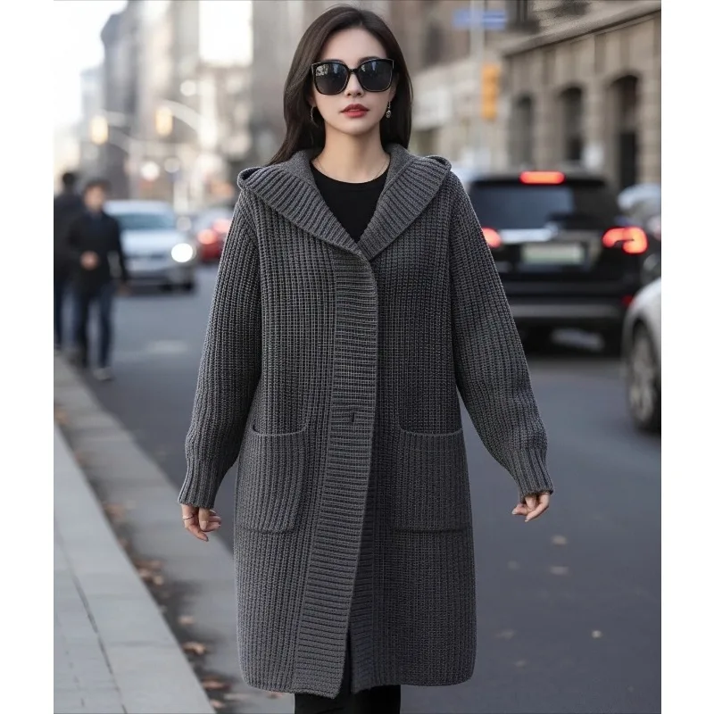 Cappotto maglione medio-lungo da donna con tasca casual grigia coreana autunno inverno Cappotto semplice nuovo versatile ed elegante cardigan lavorato a maglia 1