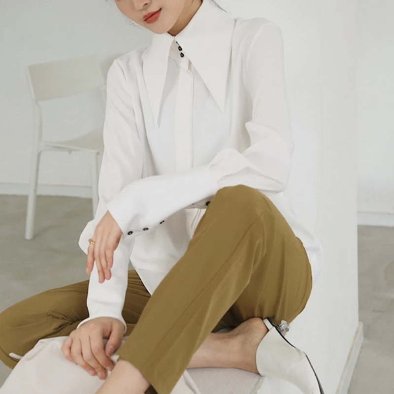 Elegante elegante colletto rovesciato bianco manica lunga camicie in raso moda donna camicetta vintage 2024 Office Lady Top Blusas 16946 3