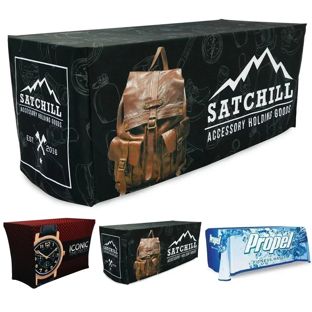 DD 4ft 6ft 8ft Logo personalizzato Spandex Copritavolo Tovaglia elasticizzata Hotel Banchetto Bancone espositivo di nozze Tovaglia decorativa 5