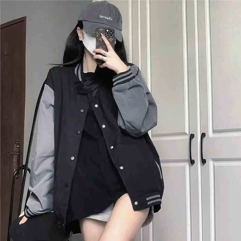 Giacca da baseball ampia unisex primavera autunno studente di moda coreana top girocollo capispalla corto donna uomo stile Harajuku 3