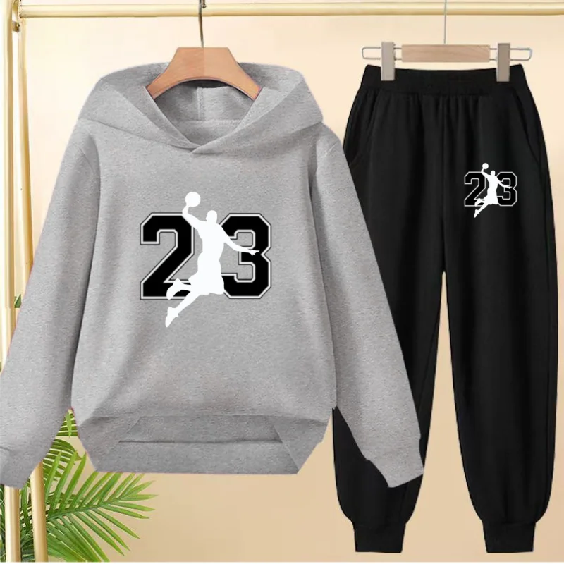 Abbigliamento autunno inverno per bambini numero 23 Felpa con cappuccio da basket Ragazze Boy3-12Yrs Cappotto Felpa casual + Pantaloni Set da 2 pezzi Set sportivo 4