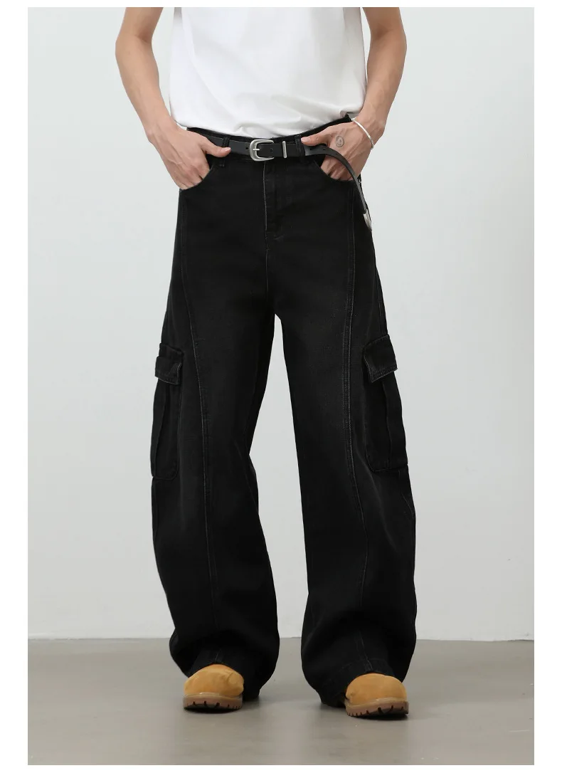 Pantaloni jeans cargo da uomo Jeans larghi neri da uomo Pantaloni larghi di fascia alta Jeans classici a 2 tasche Pantaloni da uomo alla moda streetwear 4