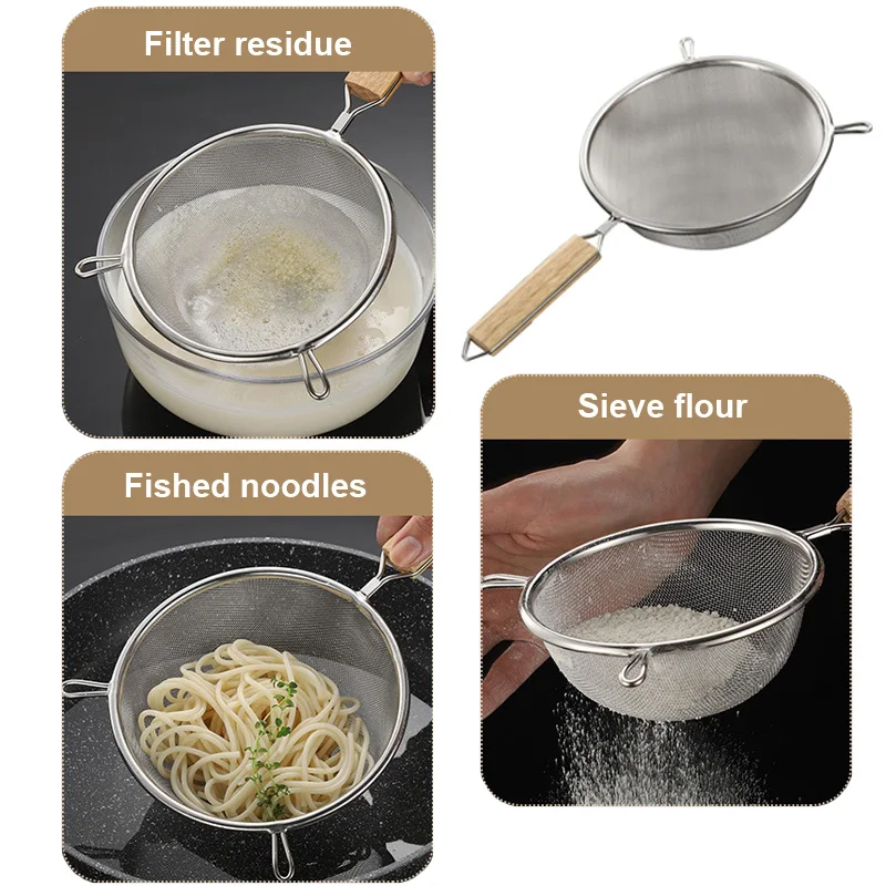 1-3 pezzi cucchiaio filtro a rete in acciaio inossidabile con manico in legno cucchiaio filtro per farina cucina domestica filtro per alimenti fritti olio 5