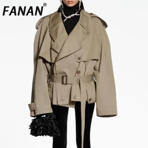 FANAN Moda Donna Trench in cotone Risvolto Manica raglan Doppio petto Tinta unita Giacca a vento corta Autunno 2025 Nuovo 1