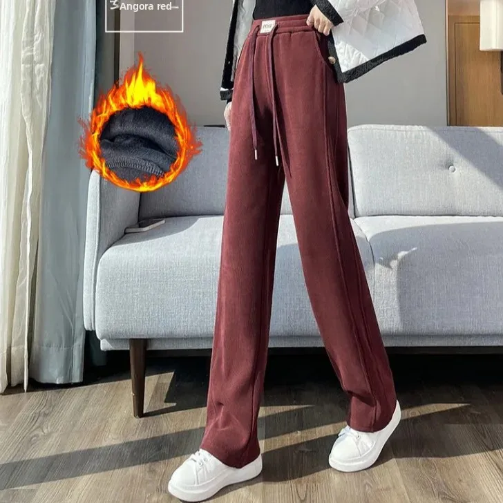 Pantaloni a gamba larga foderati in pile taglie forti Pantaloni a gamba dritta casual spessi drappeggiati autunno inverno da donna nuovo stile 4
