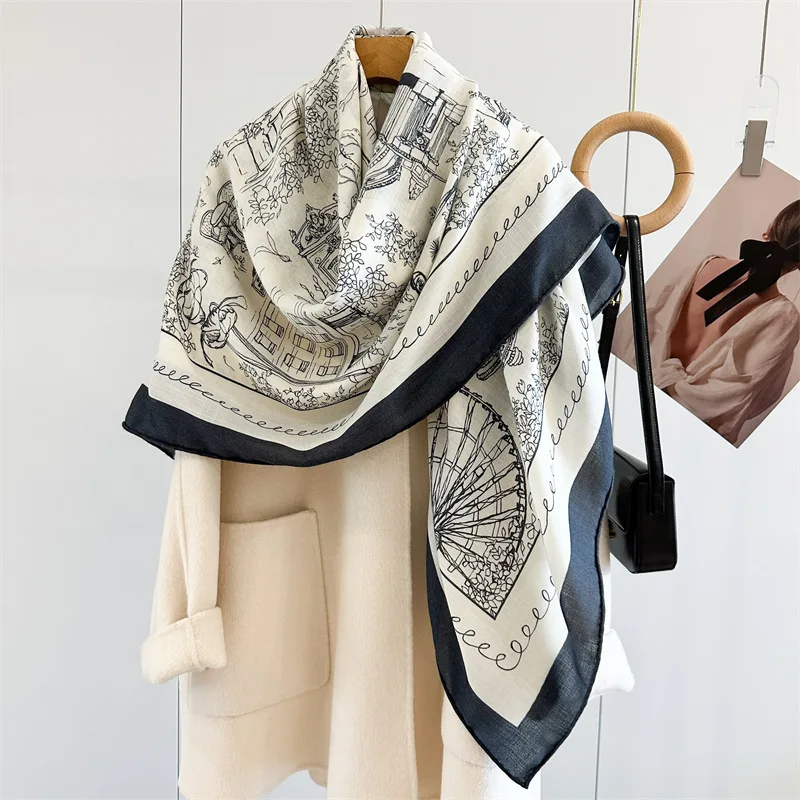 2025 Sciarpe di lana invernali da donna avvolge grande quadrato elegante scialle di lana mantello nero bianco stampato 130x130 cm 4