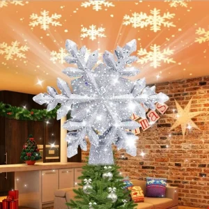 Topper per albero di Natale Topper per albero con fiocco di neve illuminato Proiettore rotante a LED con fiocco di neve Proiettore glitter 3D per la decorazione dell'albero di Natale 1