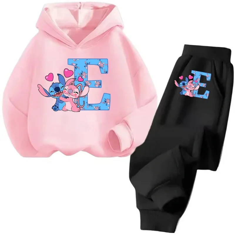 Autunno Inverno Stitch Disney Manica lunga Ragazzi Ragazze Set per bambini Moda casual Cartoon Lettera Felpe con cappuccio Set Pantalone Tute 5
