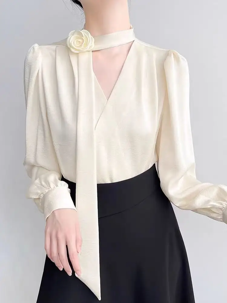 2025 Nuovi vestiti da donna Eleganza francese Camicetta a maniche lunghe con fiocco rosa Donna Chic Primavera/Autunno Top in raso Abbigliamento di alta qualità 3