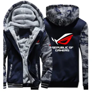 2025 Autunno Inverno Cardigan Manica lunga Felpe con cappuccio ispessite ROG Repubblica di giocatori da uomo Stampa Cappotti con cappuccio High Street a prova di freddo 1