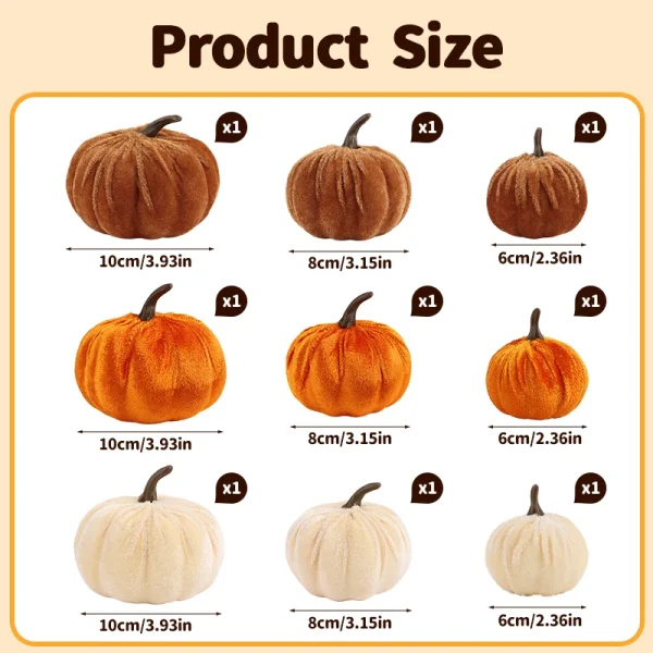 9 pezzi di zucche artificiali in velluto 3 dimensioni miste per la festa di Halloween, il Ringraziamento, la decorazione della tavola di casa, autunno, ghirlanda artigianale fai da te 3