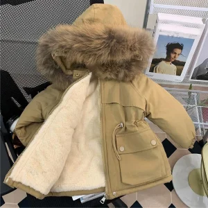 Giacca da ragazza 3-10 anni invernale nuova fodera in tinta unita peluche giacca a vento calda spessa per ragazze adolescenti collo in pelliccia moda tuta da neve 1