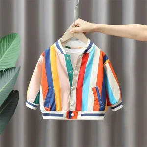 2025 Nuova Primavera Ragazzi Ragazze Strisce Arcobaleno Giacca Bambini Bambino Autunno Camicia monopetto Autunno Baby Boy Baseball 3-12 anni 1