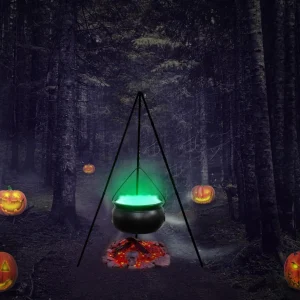 Calderone da strega Secchio per caramelle nero con manico e luci Grande calderone da strega sul treppiede Decorazione per vaso porta caramelle di Halloween 1