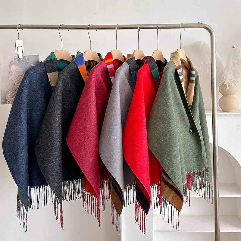 2025 Nuova Sciarpa scozzese per le donne Inverno Caldo Nappa Mantella in cashmere Scialle a doppia faccia Sciarpa calda multifunzionale Poncho di moda 6