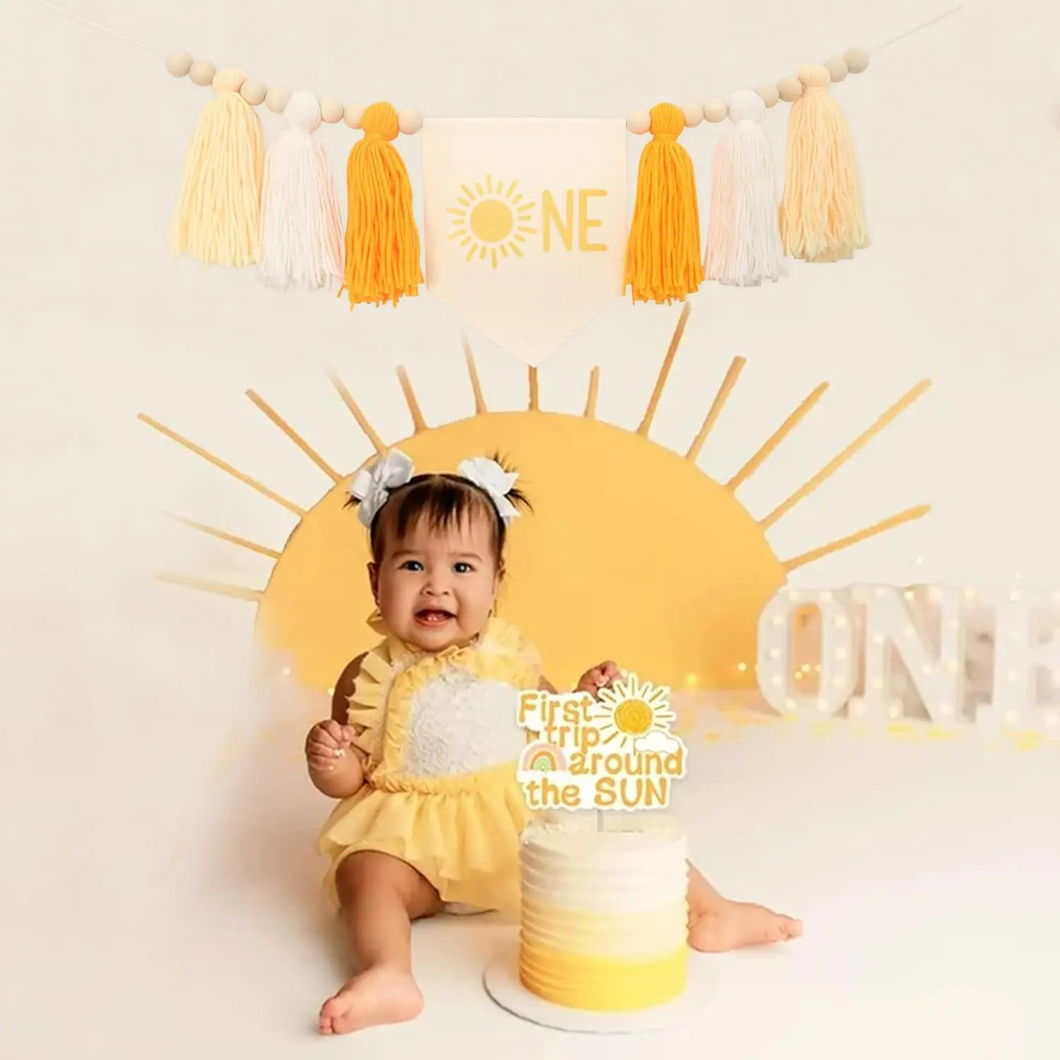 Banner per seggiolone per compleanno del 1° segno del sole Decorazione gialla per festa di compleanno, striscione per seggiolone Sunshine per la cameretta dei bambini delle ragazze dei ragazzi 3