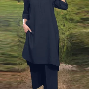 ZANZEA 2025 Autunno Tuta da donna Set da 2 pezzi Casual Solid Camicia lunga Pantaloni Manica 3/4 Camicetta Pantalone Set Elegante set coordinato 1