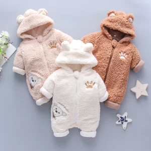 Bambino Inverno Pagliaccetto Spesso Cotone Solido Caldo Manica Lunga Ragazzo Ragazza Tuta Vestiti 0-24M Neonato Orso Pile Con Cappuccio Pigiama 1