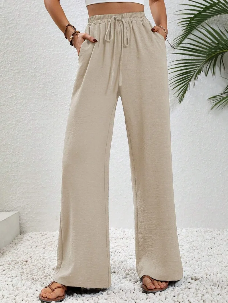 Pantaloni da donna a gamba dritta in vita elastica sul davanti con tasca semplice, pantaloni casual a gamba larga a vita alta per l'uso quotidiano, pantaloni larghi 3