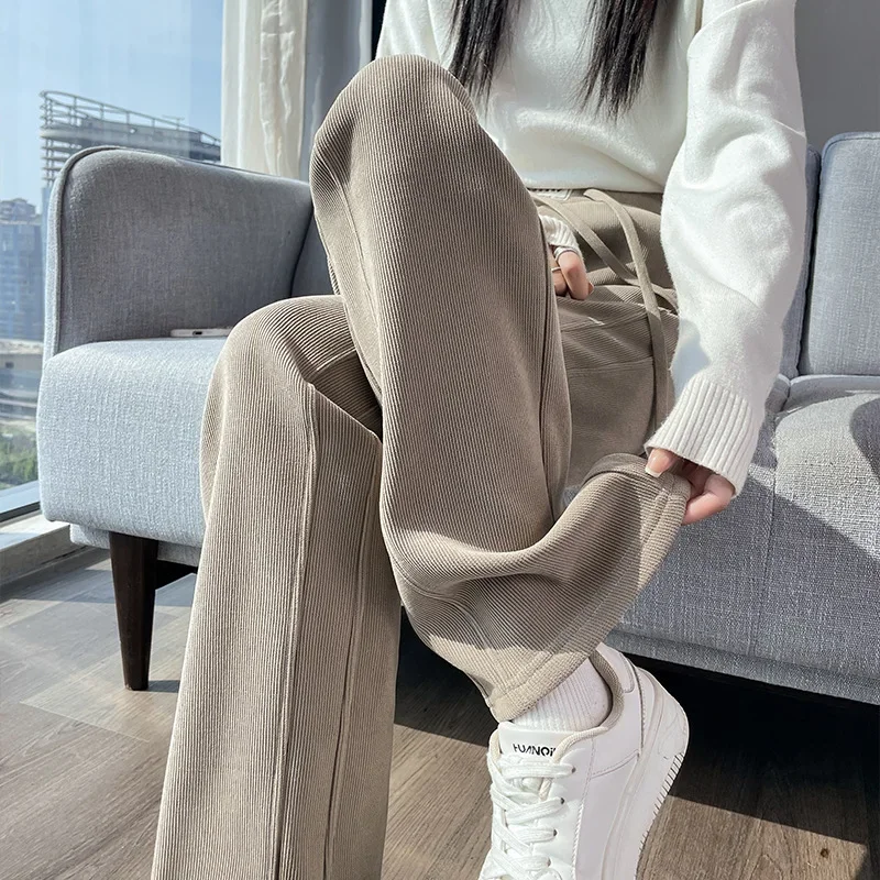 Pantaloni a gamba larga foderati in pile taglie forti Pantaloni a gamba dritta casual spessi drappeggiati autunno inverno da donna nuovo stile 3