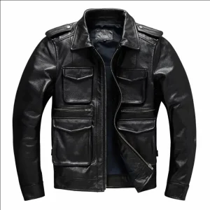 Giacche militari M65 per uomo Giacca in vera pelle nera pesante Risvolto Moto Strato superiore Pelle bovina Caccia Moda Cappotto sottile Uomo 1