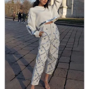 Maglione lavorato a maglia con paillettes tinta unita da donna Pantaloni da donna lavorati a maglia con paillettes alla moda corti casual retrò pullover con paillettes 1