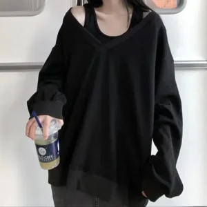 Felpa da donna allentata a maniche lunghe con spalle scoperte Design sottile Senso Autunno Inverno Nuovo stile Top casual alla moda 1