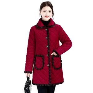 Cappotto in cotone di media lunghezza per donna Giacca calda foderata in pile Elegante abbigliamento invernale in peluche spesso per anziani di mezza età 1