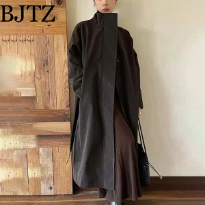 BJTZ Trench con colletto allentato per donna 2025 Autunno Nuova tendenza Tasche con cintura Comodo cappotto giacca a vento di lusso elegante 1