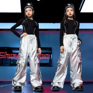 Ragazze Jazz Dance Hip Hop Outfit Bambino Modello Passerella Spettacolo di danza sul palco Costume Nero Ombelico Top Pantaloni bianchi 1