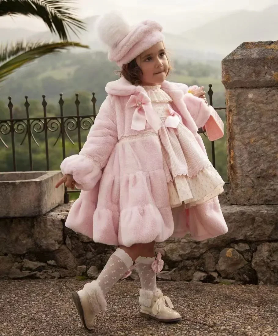 1-12Y neonata autunno inverno rosa pelliccia bianca palazzo Inghilterra spagnolo velluto rosso principessa cappotto di lana per Casual Eied C53 3