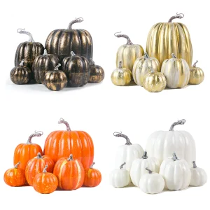 Set di zucche artificiali per il Ringraziamento, zucche grandi e piccole assortite, zucche finte, tavolo per la raccolta autunnale della fattoria, decorazioni per Halloween 1