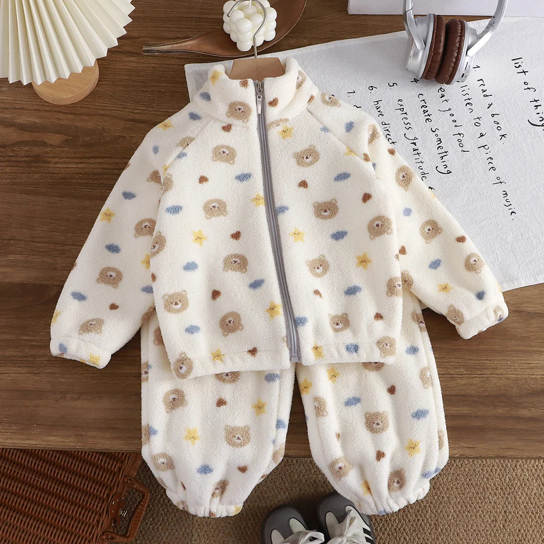 Autunno Inverno Bambini Pigiama in pile spesso Set Coreano Cartoon Ragazze del bambino Moda Peluche Abiti caldi 1-4Y Ragazzi Home Wear Suit 3