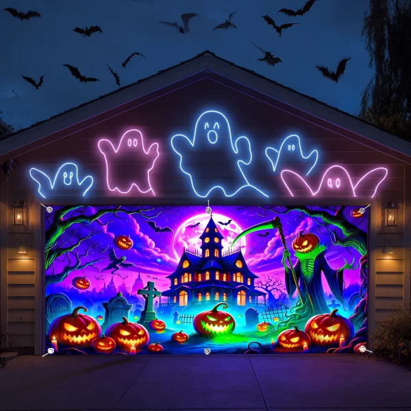 1 banner di Halloween: casa fantasma, lanterna di zucca e design lapide, decorazione per porta del garage in poliestere 4