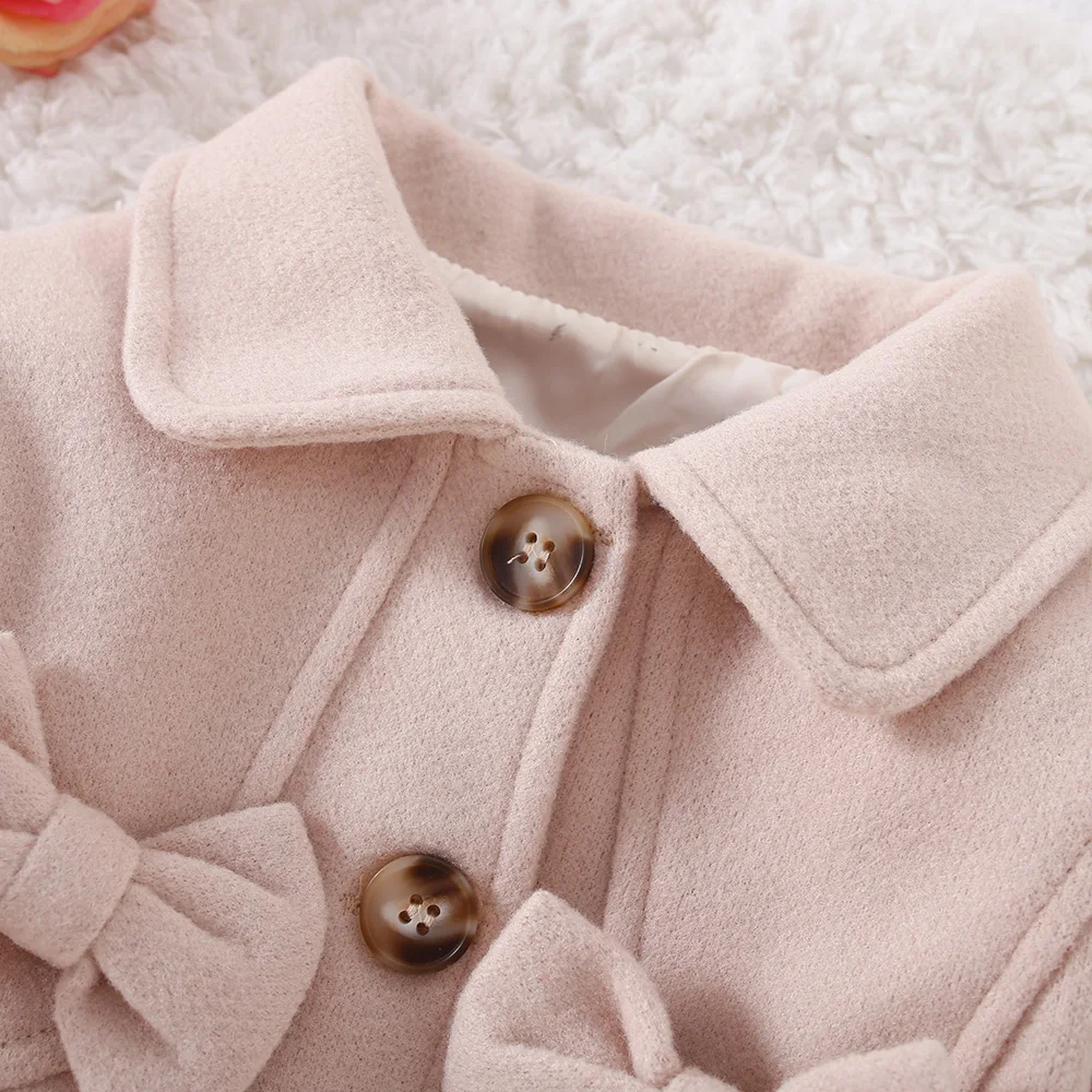 Cappotto da ragazza Autunno/Inverno Tinta unita Colletto con fiocco Capispalla da ragazza in lana Top Cappotto caldo casual per bambini Vestiti invernali per bambini 5