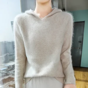 Felpa con cappuccio invernale nuova pelliccia di visone Felpa con cappuccio da donna Maglione di lana Base tinta unita allentata Maglione lavorato a maglia Capispalla casual per pendolarismo 1