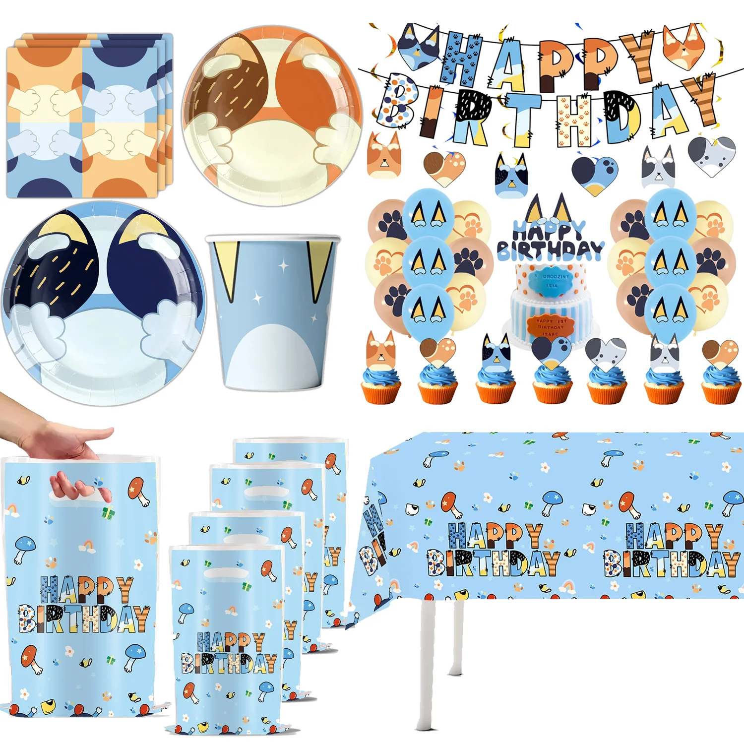 Cartoon Blue Bingo Dog Forniture per feste di compleanno Tazza usa e getta Piatto Palloncini Banner Tovaglia Sacchetti di caramelle Decorazioni per feste per bambini 1