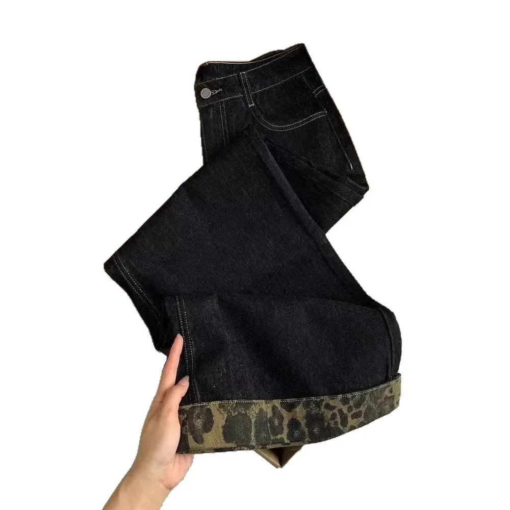 Retro Dark Leopard Print Wide Leg Denim Jeans High Waist Loose Color Block Straight Long Trousers for Women Spring Trendy 5
