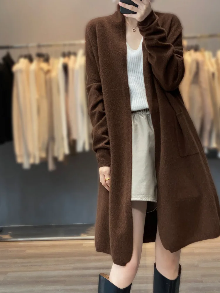 100% lana Merino primavera autunno Cardigan donna manica lunga maglione tinta unita sciolto caldo maglieria moda femminile cappotto lungo 2