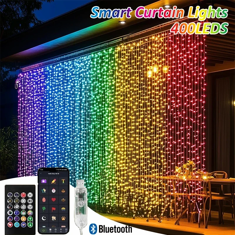 Luci per tende intelligenti Controllo app Bluetooth Stringa LED RGB Luce fata impermeabile USB Modello di testo fai-da-te Display Decorazioni per la stanza delle feste 1