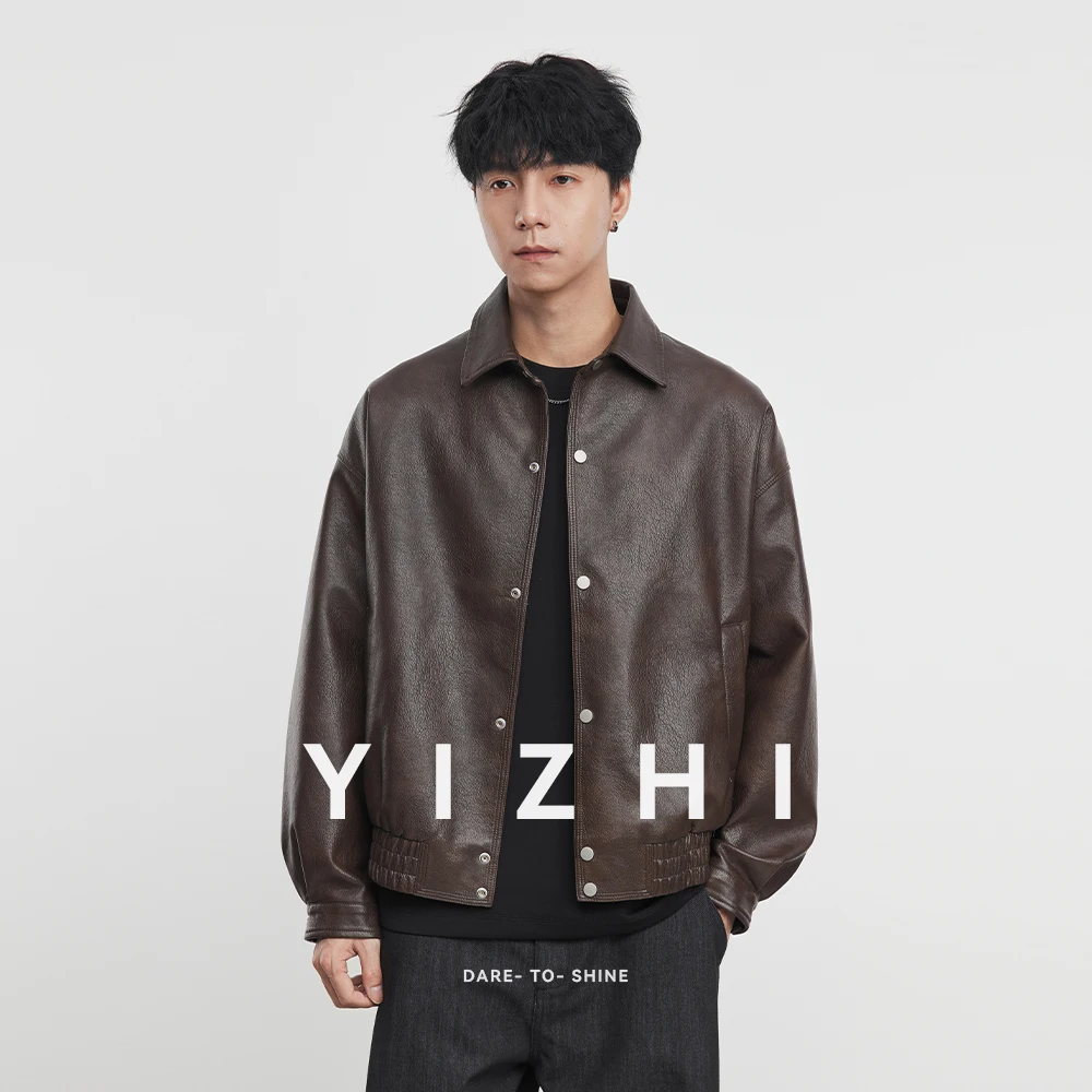 Giacca in pelle con risvolto in PU da uomo di moda 2025 Autunno New American Retro Allentato Abbigliamento da moto per esterni Top Giacca da uomo 4