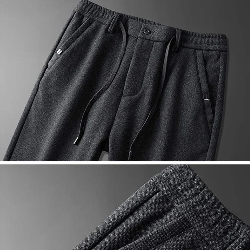 Pantaloni da ufficio termici da uomo autunno inverno pantaloni dritti a gamba stretta classici pantaloni casual con coulisse design allacciato pantaloni in pile addensati 5
