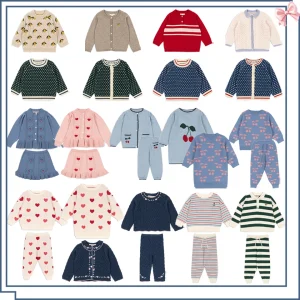 Capispalla invernale KS 2025 Ragazze Ragazzi Cardigan lavorato a maglia Pantaloni Ragazza Maglioni carini Abito per bambini Maglione ricamato Set di vestiti per bambini 1