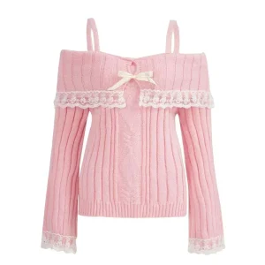 Maglione lavorato a maglia da donna con spalle scoperte Pullover rosa Pullover dolci Maglioni patchwork in pizzo con fiocco a maniche lunghe Y2k Streetwear 1