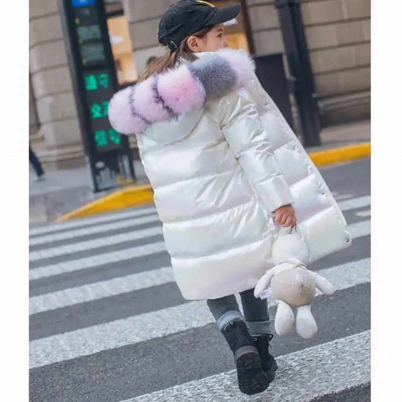 Inverno Ragazze Lucido Con Cappuccio Piumino Collo di Pelliccia Cappotto Antivento Adolescente Tuta Sportiva Per Bambini Parka Snowsuit Abbigliamento Nuovo 5-14 Anni 2