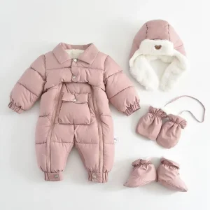 Tuta da neve invernale per neonato 2025 Il nuovo vestito caldo per neonati include cappello, guanti, copri piedi addensare set per bambini 0-18 mesi 1