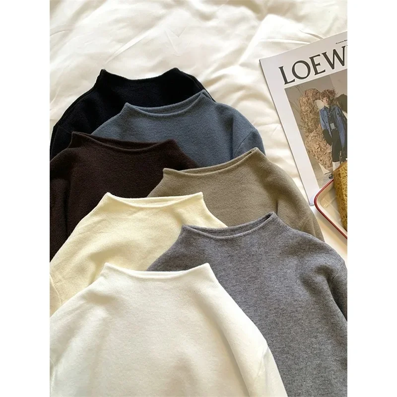 Semplice morbido tinta unita collo mezzo alto maglione lavorato a maglia strato base da donna autunno inverno caldo ed elegante camicia lavorata a maglia slim fit 2